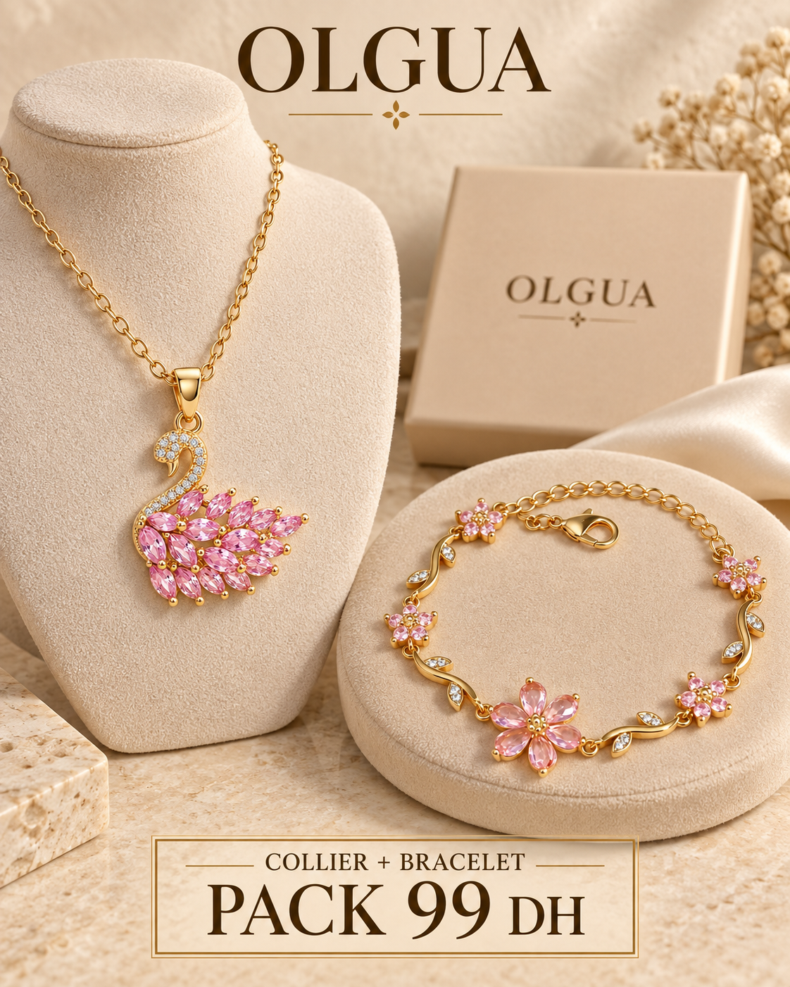 Pack Cygne Rose – Collier + Bracelet