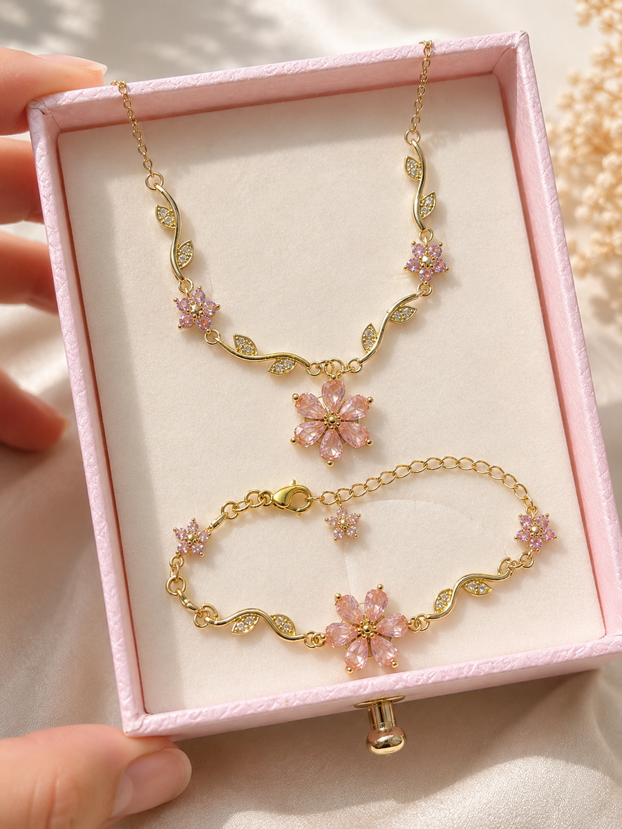 Parure Fleur Rose – Collier et Bracelet