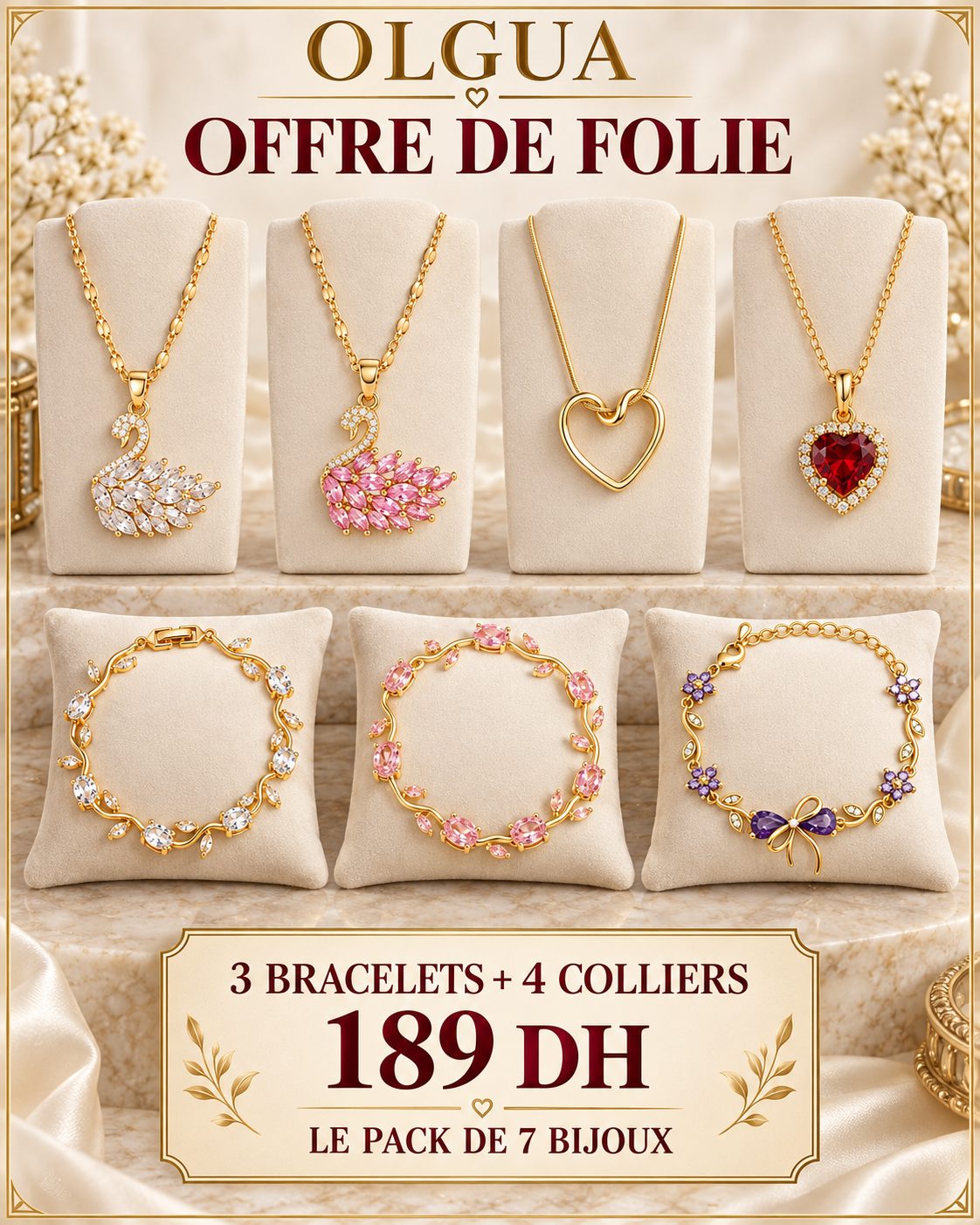 Pack 7 Bijoux OLGUA – 4 Colliers + 3 Bracelets