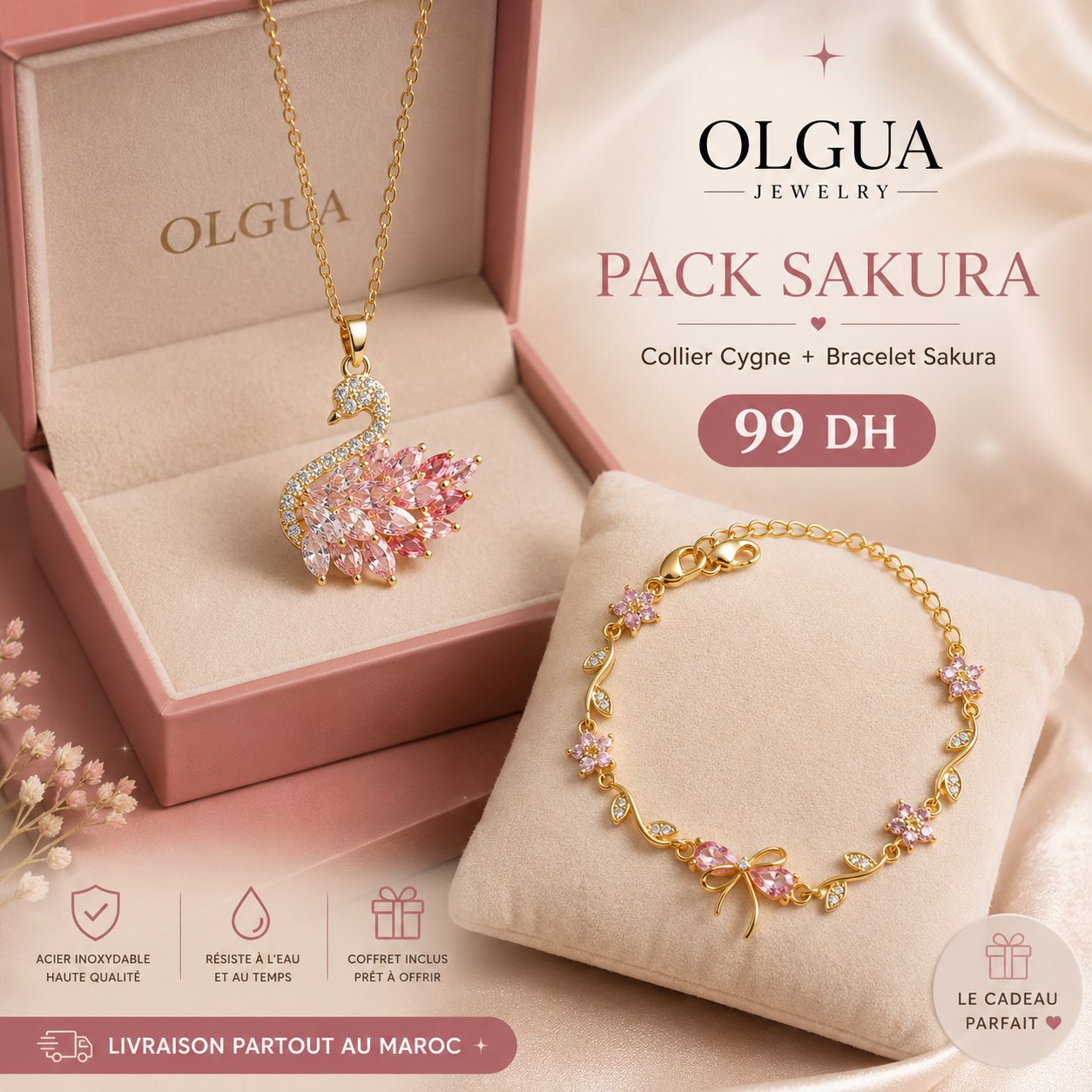 Pack Collier Cygne Rose + Bracelet Ribbon | Acier Inoxydable