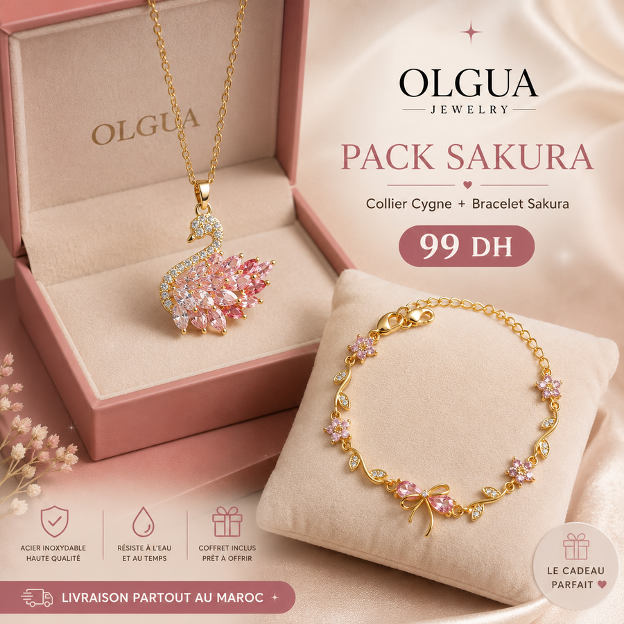 Pack Collier Cygne Rose + Bracelet Ribbon | Acier Inoxydable