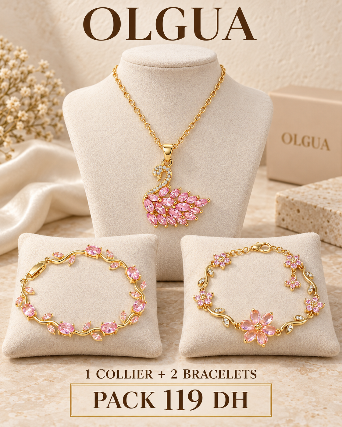 Pack Éclat Rose – 1 Collier + 2 Bracelets
