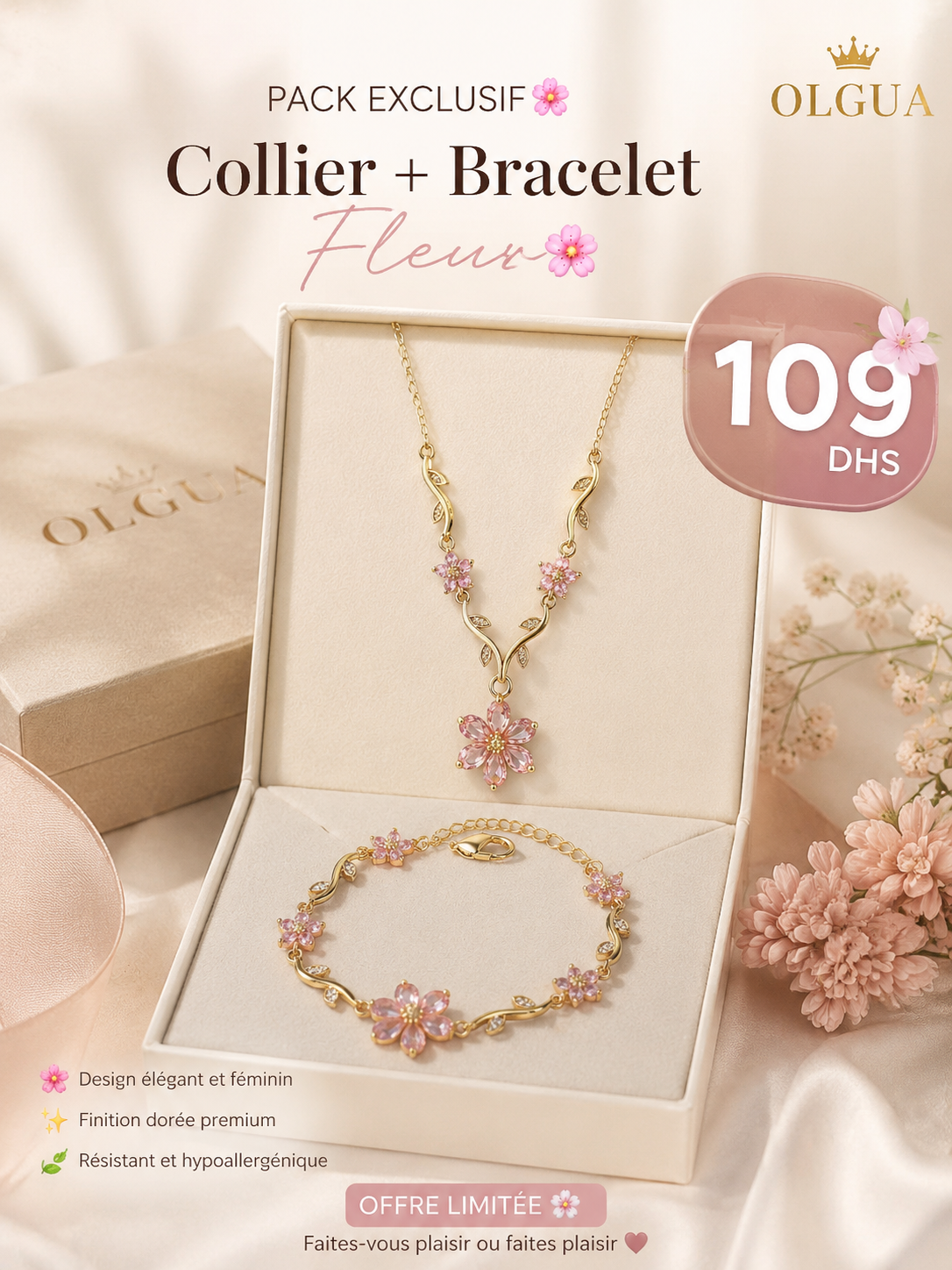 Parure Fleur Rose – Collier et Bracelet
