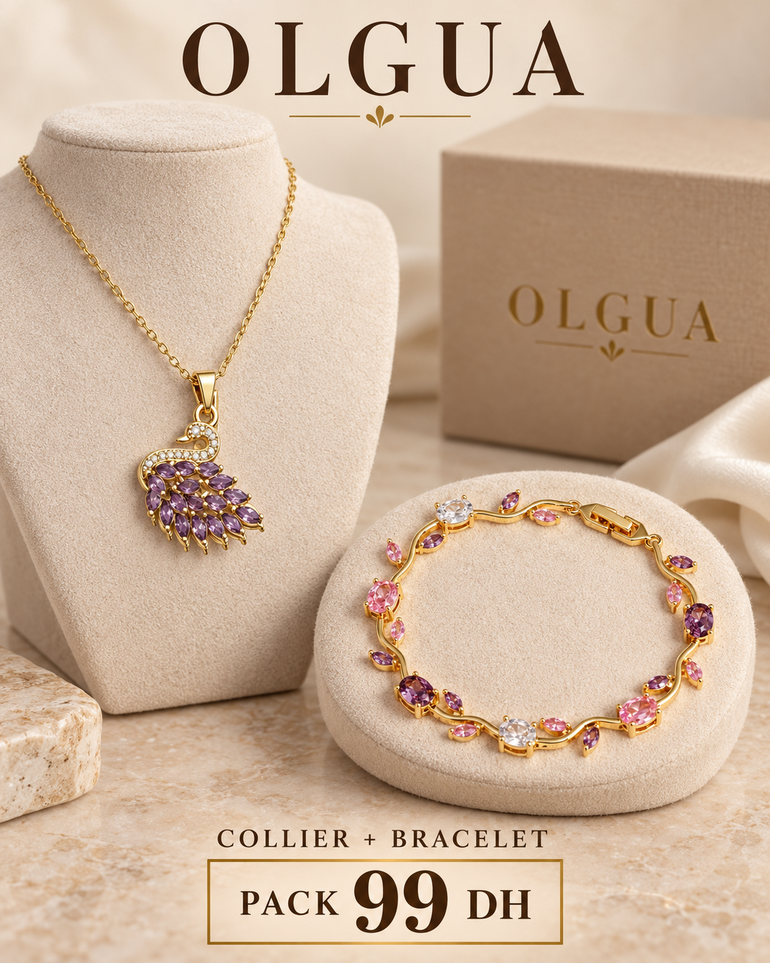 Pack Cygne Violet – Collier + Bracelet