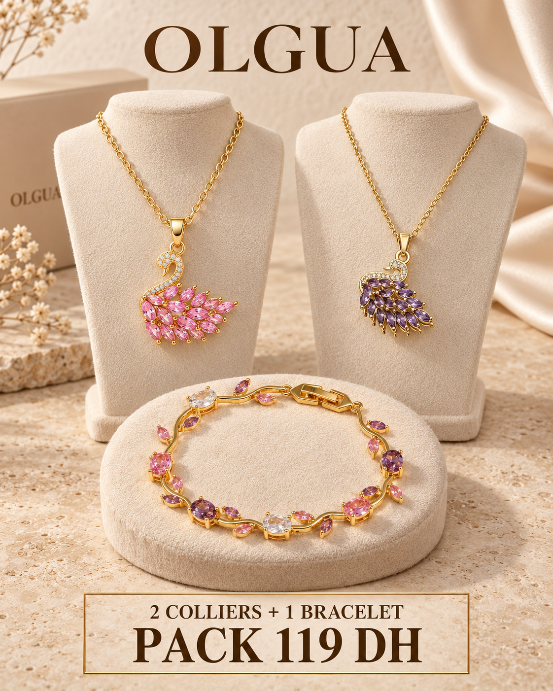 Pack Duo Cygnes – 2 Colliers + 1 Bracelet
