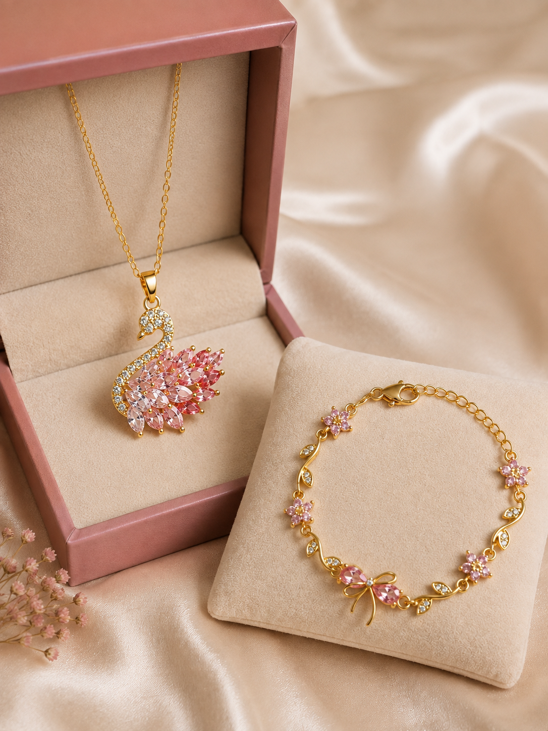 Pack Collier Cygne Rose + Bracelet Ribbon | Acier Inoxydable