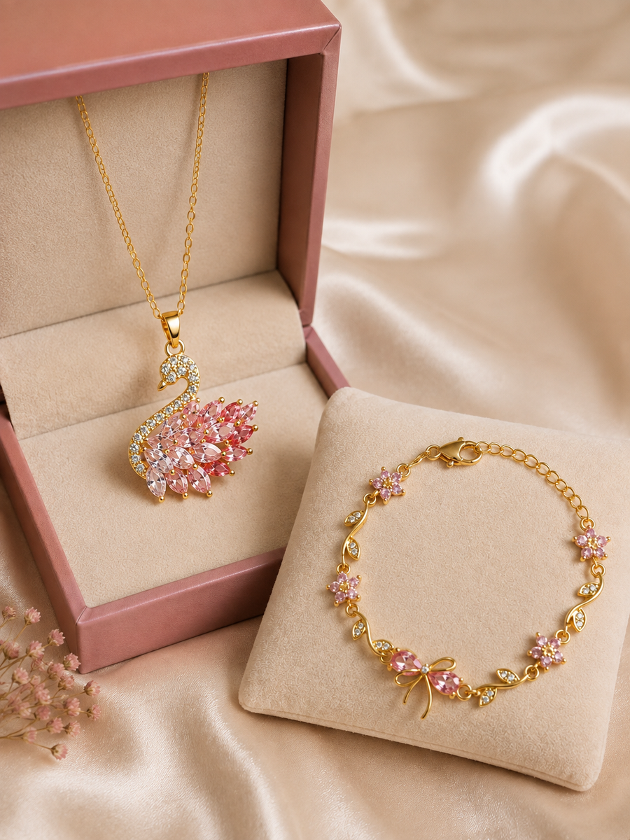 Pack Collier Cygne Rose + Bracelet Ribbon | Acier Inoxydable